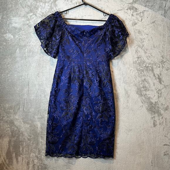 Trina Turk Off The Shoulder Black Navy Lace Floral Dress Wedding Formal Sz 2 New - Picture 7 of 7